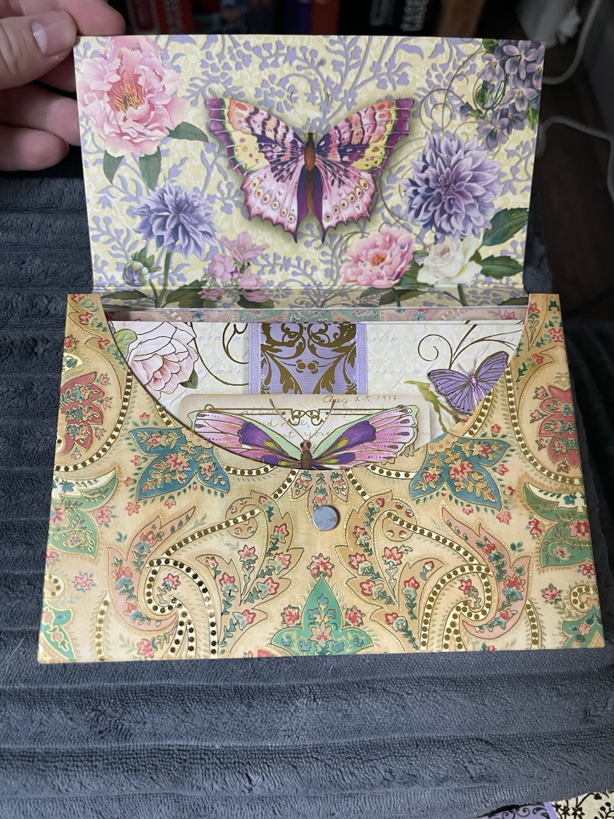 Punch Studio Set of 5 Purple Butterfly/Floral Folio Vtg Style Cards&Envelopes