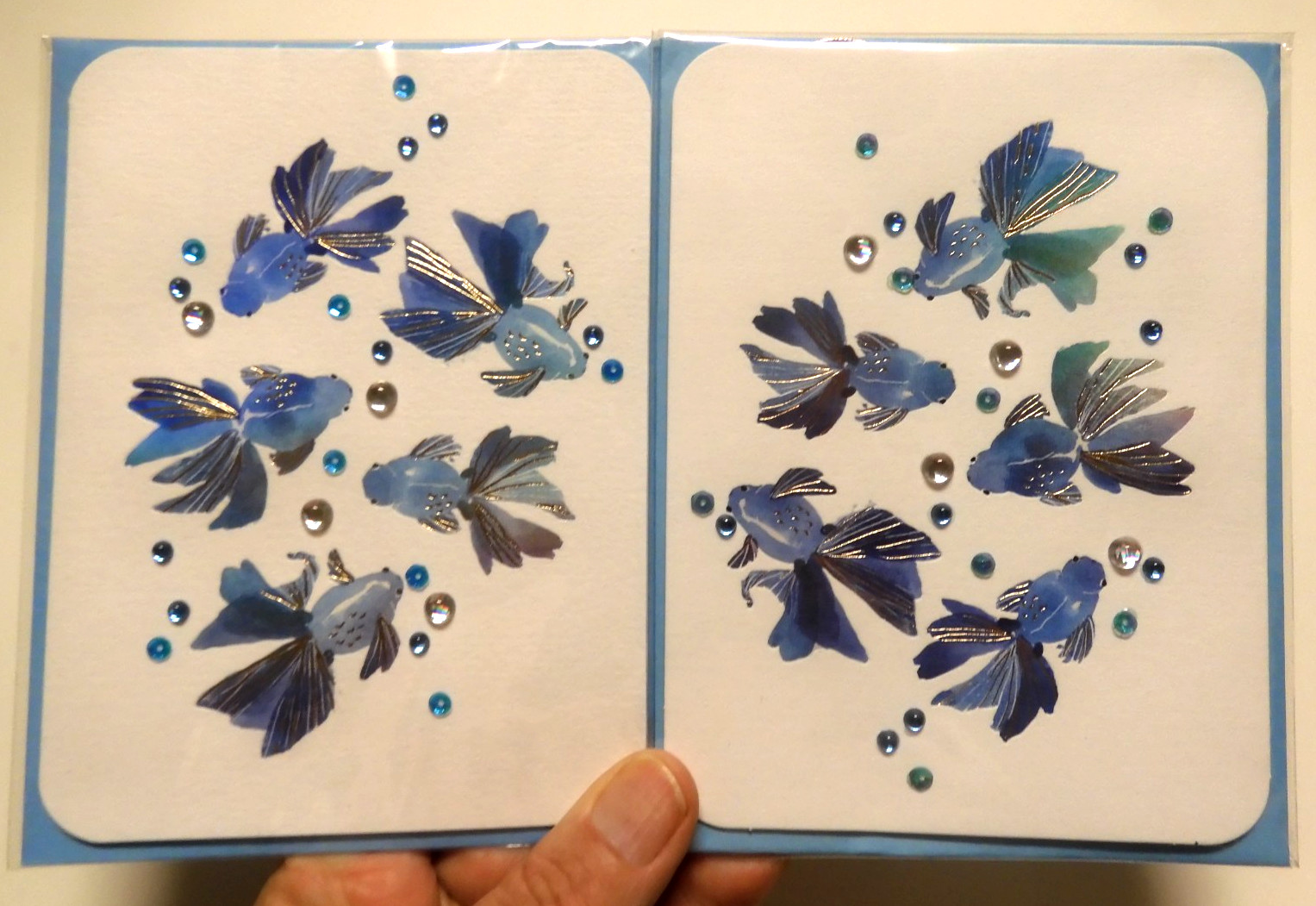 2 Papyrus Cards High Quality Blue Fish with Bubbles Blank Inside