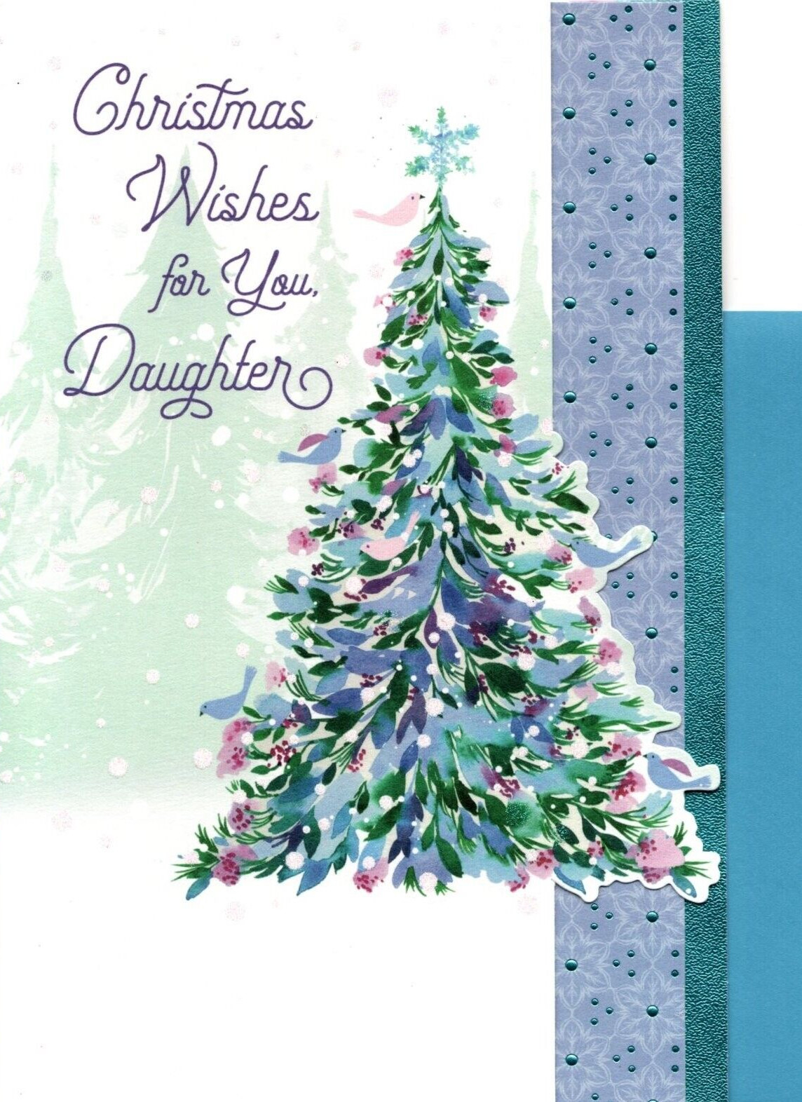 Merry Christmas Sweet Daughter Deer Fawn Blue Pink Ice Tree Hallmark Card