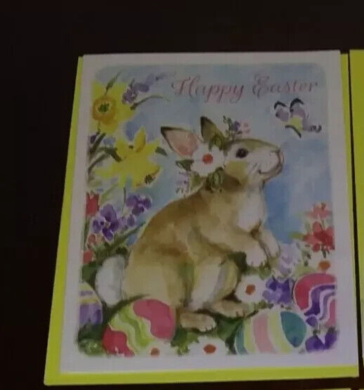 Easter Card Susan Winget Bunnies Rabbits Eggs Daffodils Pink Purple Flowers