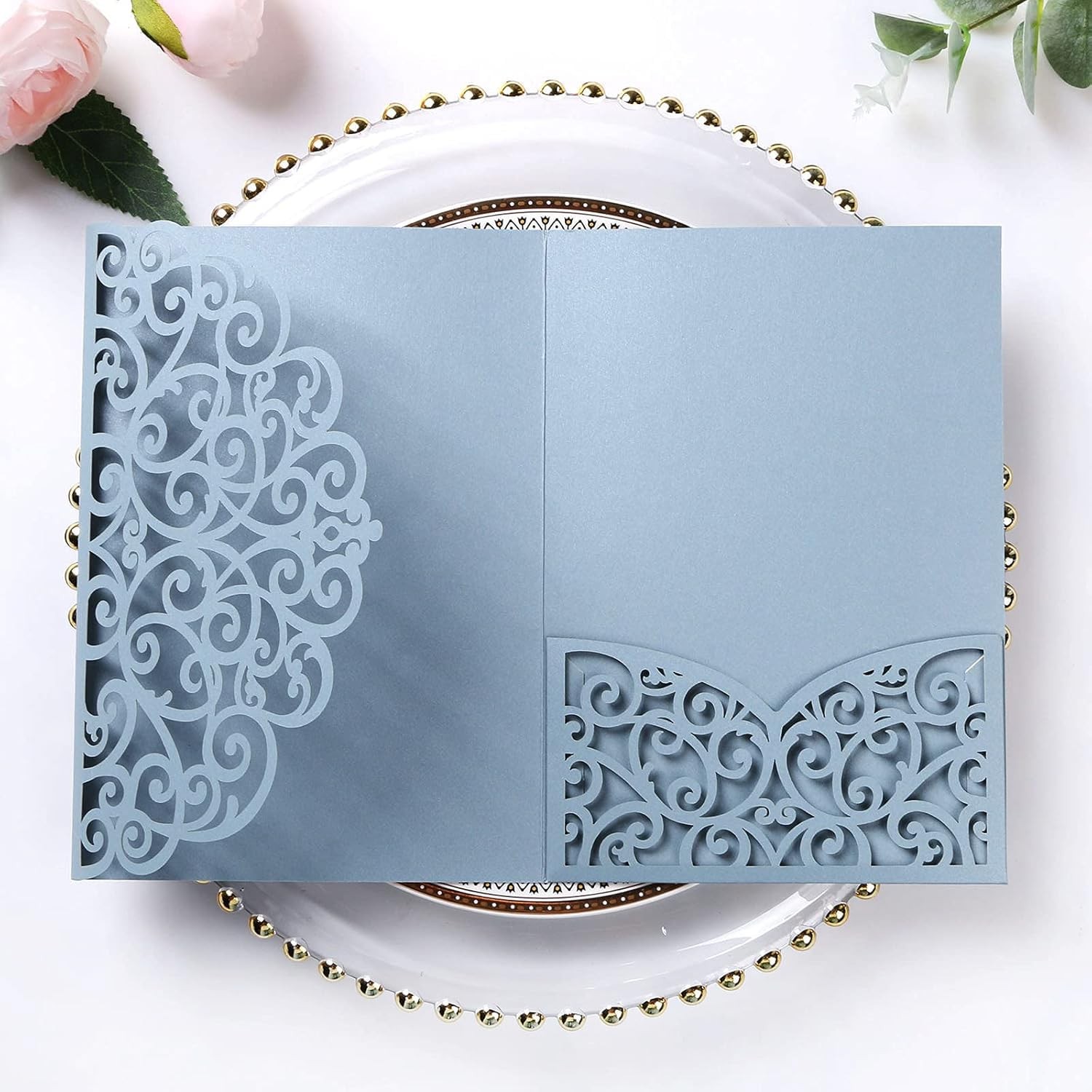 Dusty Blue Laser Cut Invitation Pockets 5.12×7.2 TriFold 5×7 Envelopes 20 PCS