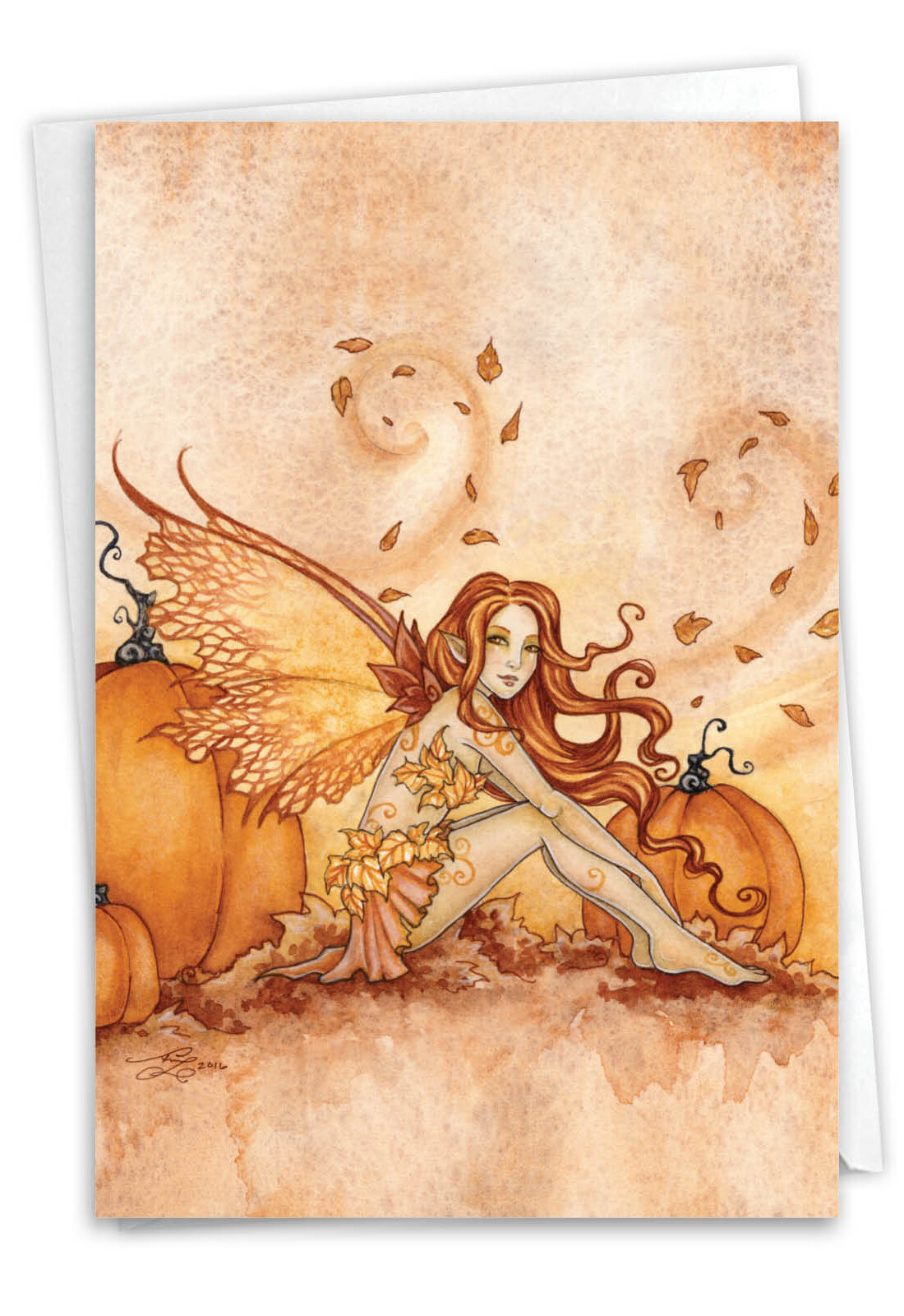 1 Halloween Card with Envelope – Fall Fairies Pumpkins and Leaves C3372AHWG