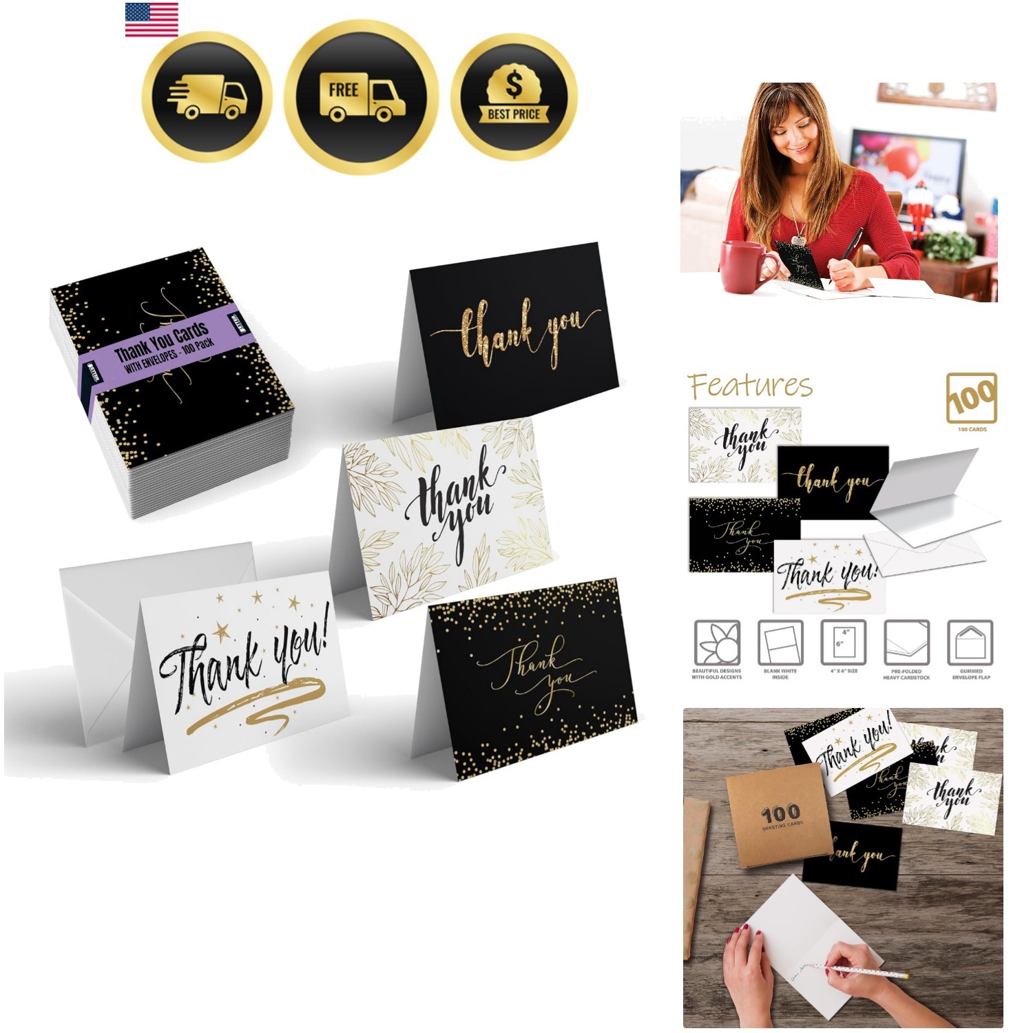 Thank You Cards with Envelopes 100 Pack, 4 x 6 inch, 4 Cover Designs, Blank I…