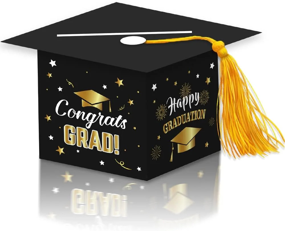 2026 Graduation Party Card Box, Black Gold Congrats Cap Card Holder Box with Tas