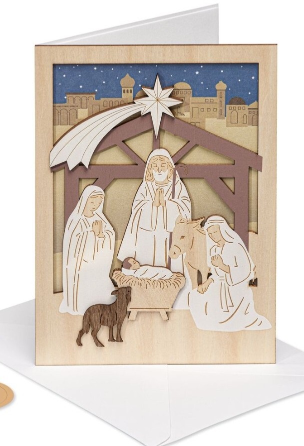PAPYRUS WOODEN CARVED A CHILD IS BORN RELIGIOUS CHRISTMAS GREETING CARD