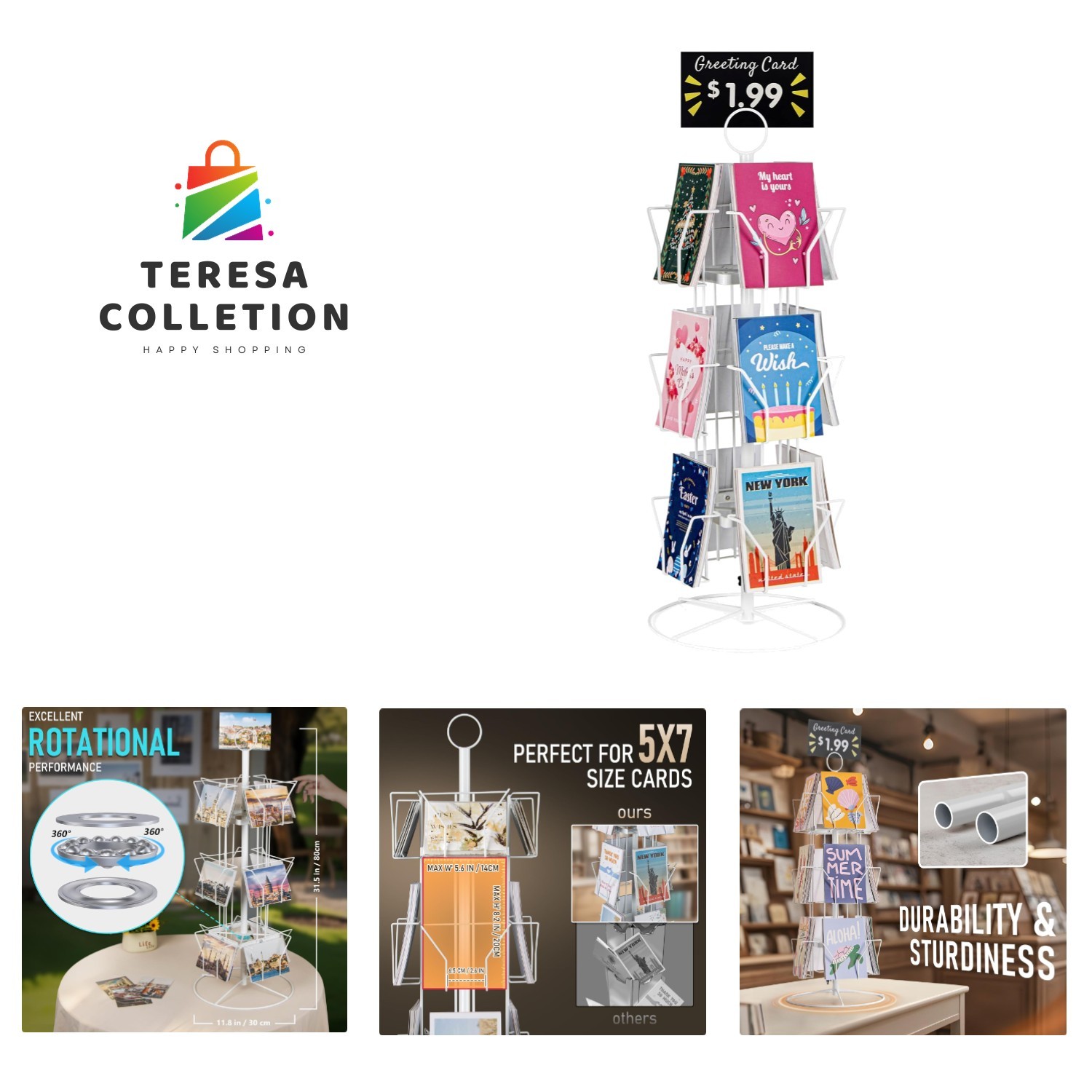 Durable Metal Greeting Card Display Stand with Smooth Rotational Design