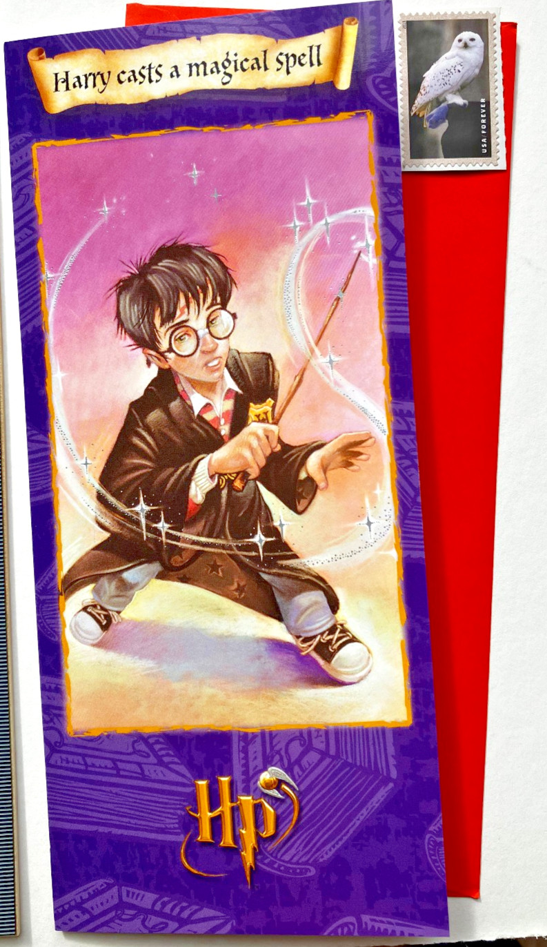 Vintage XL CAST A SPELL Greeting Card (Harry Potter) England USPS Stamp RARE