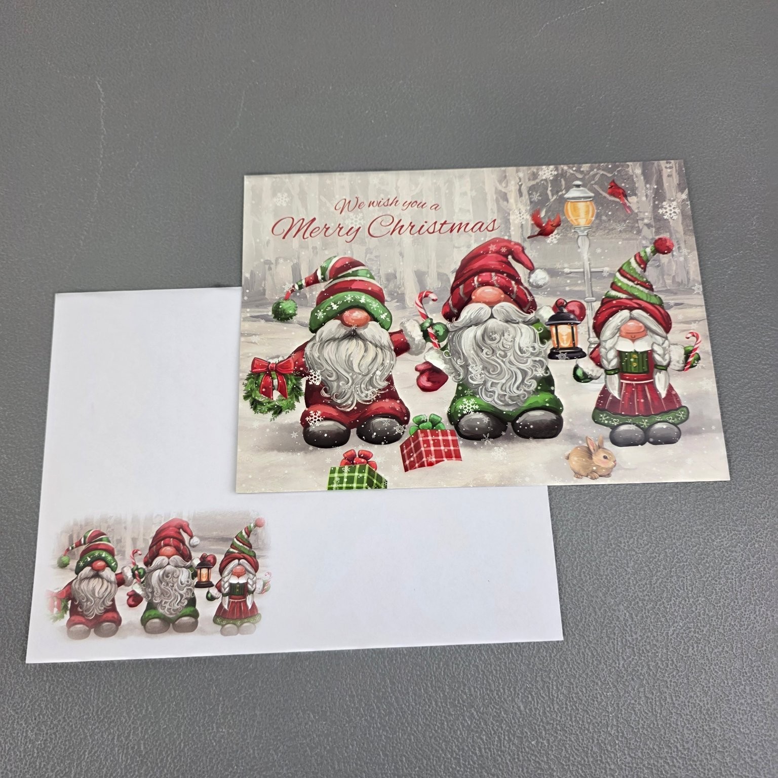 Christmas Greeting Card Gnomes Cardinals Holiday Winter Scene with Envelope