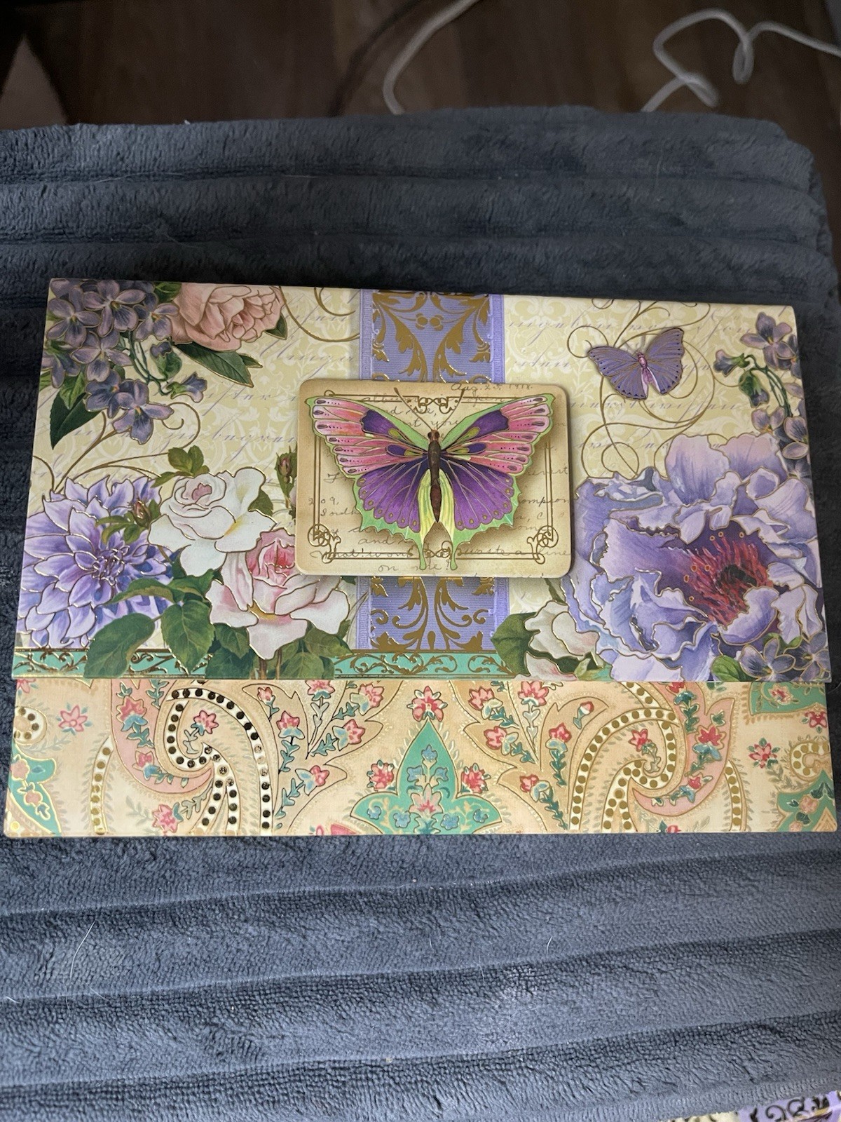 Punch Studio Set of 5 Purple Butterfly/Floral Folio Vtg Style Cards&Envelopes