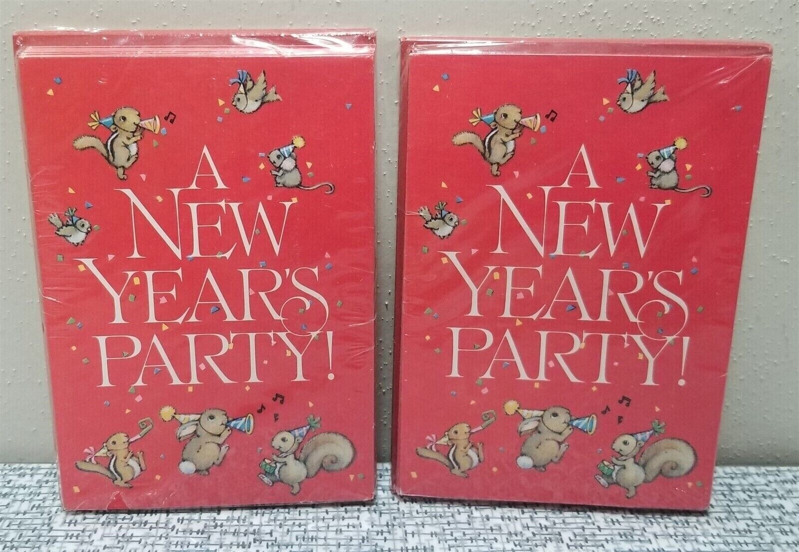 Vintage 2 Packs NEW YEAR’S PARTY INVITATIONS Gibson Greeting Cards Animals NOS