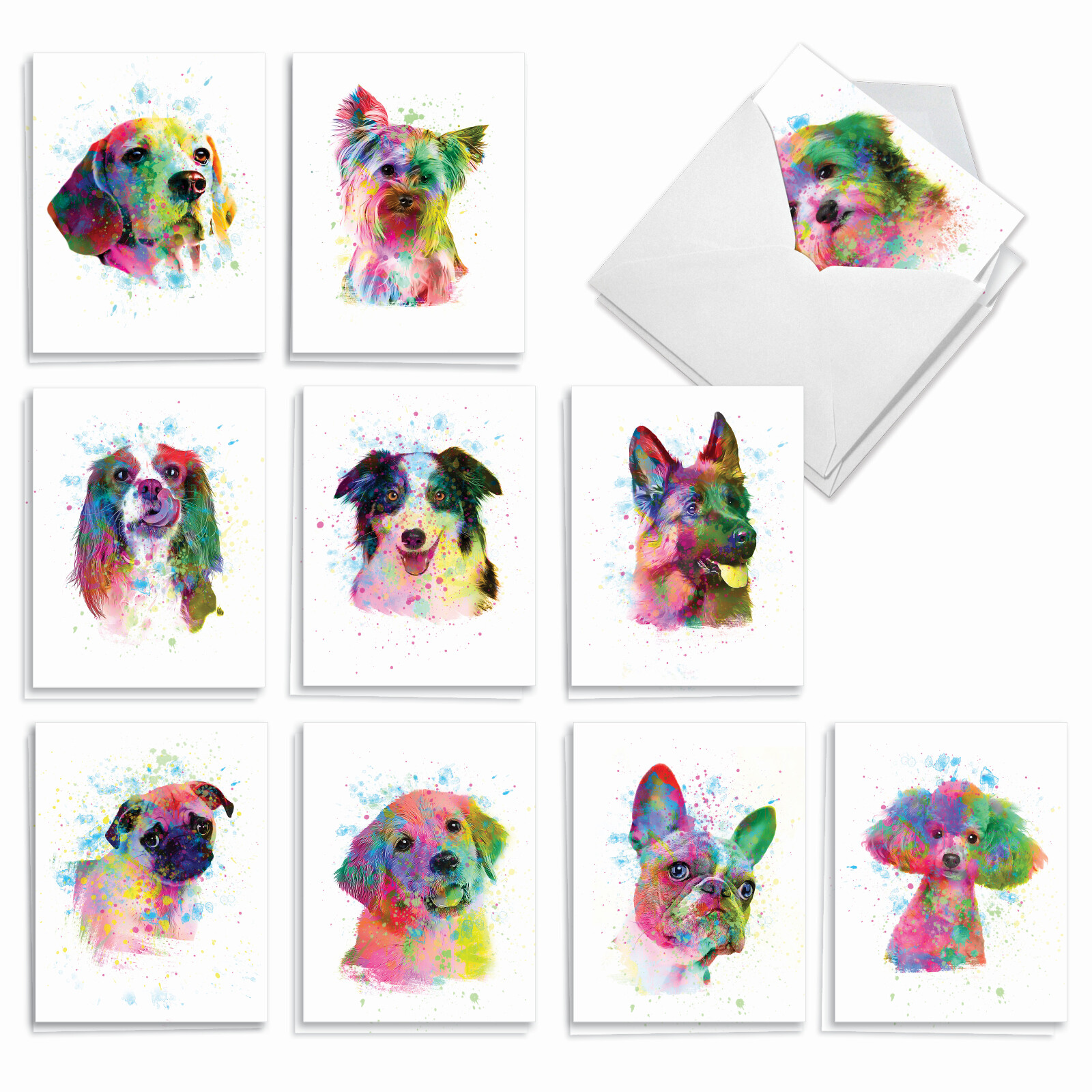 20 Assorted Blank Cards (10 Designs, 2 Ea) – Funky Rainbow Dogs AM7162OCB-B2x10