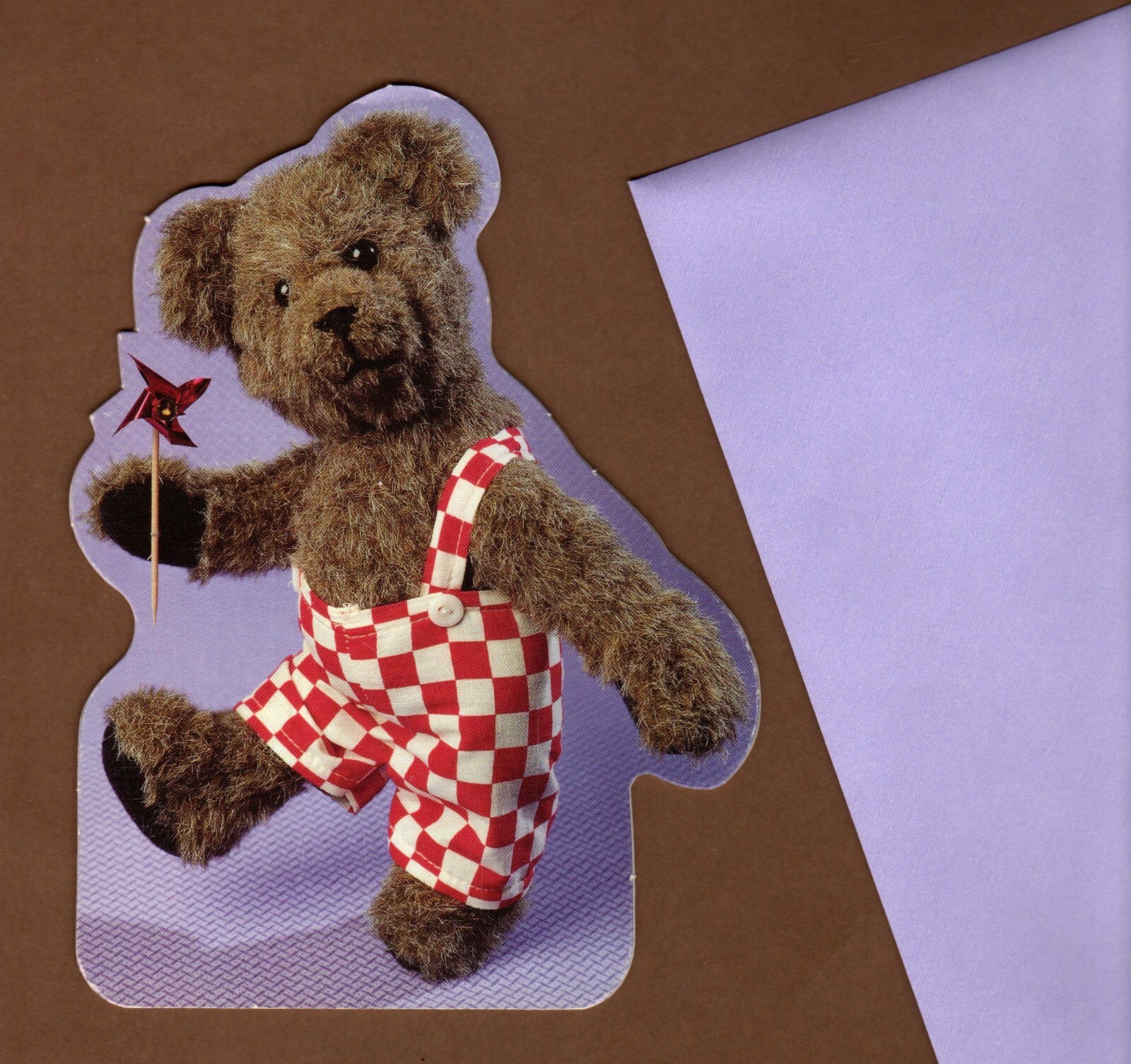 Teddy Bear Birthday Card, Pinwheel, Red & White Checked Overalls, Sangamon