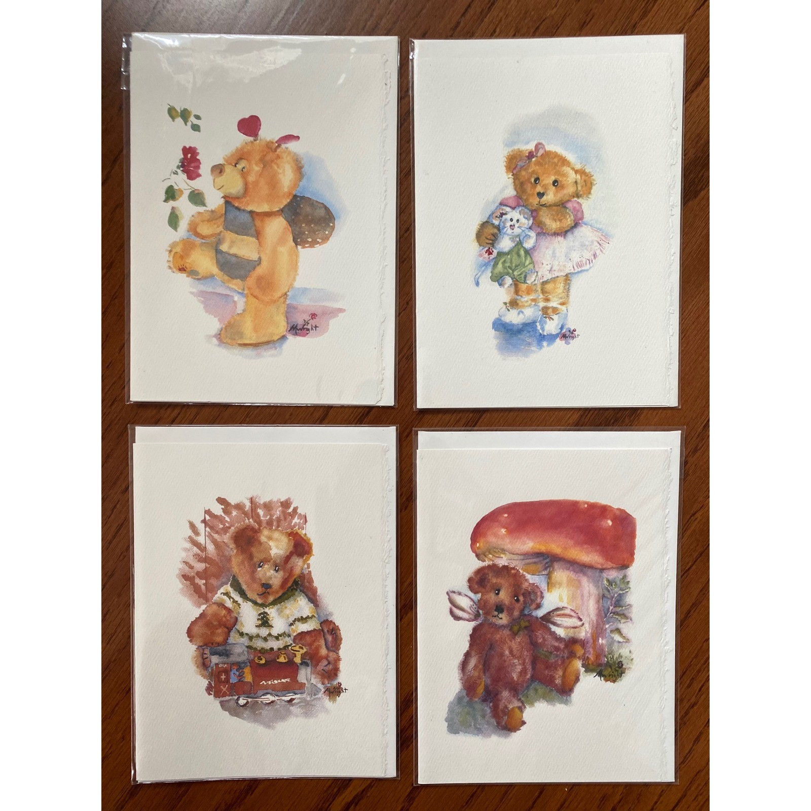 Watercolor Teddy Bear Greeting Cards Mary Rosalie Wright Set of 4 Whimsical Art