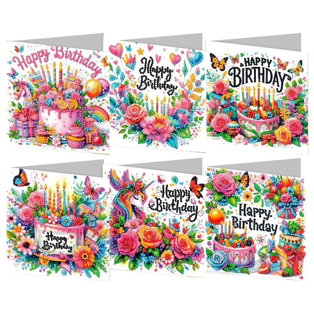 5D Diamond Art Birthday Cards Kit 6 Pack Happy Birthday Diamond Greeting Cards