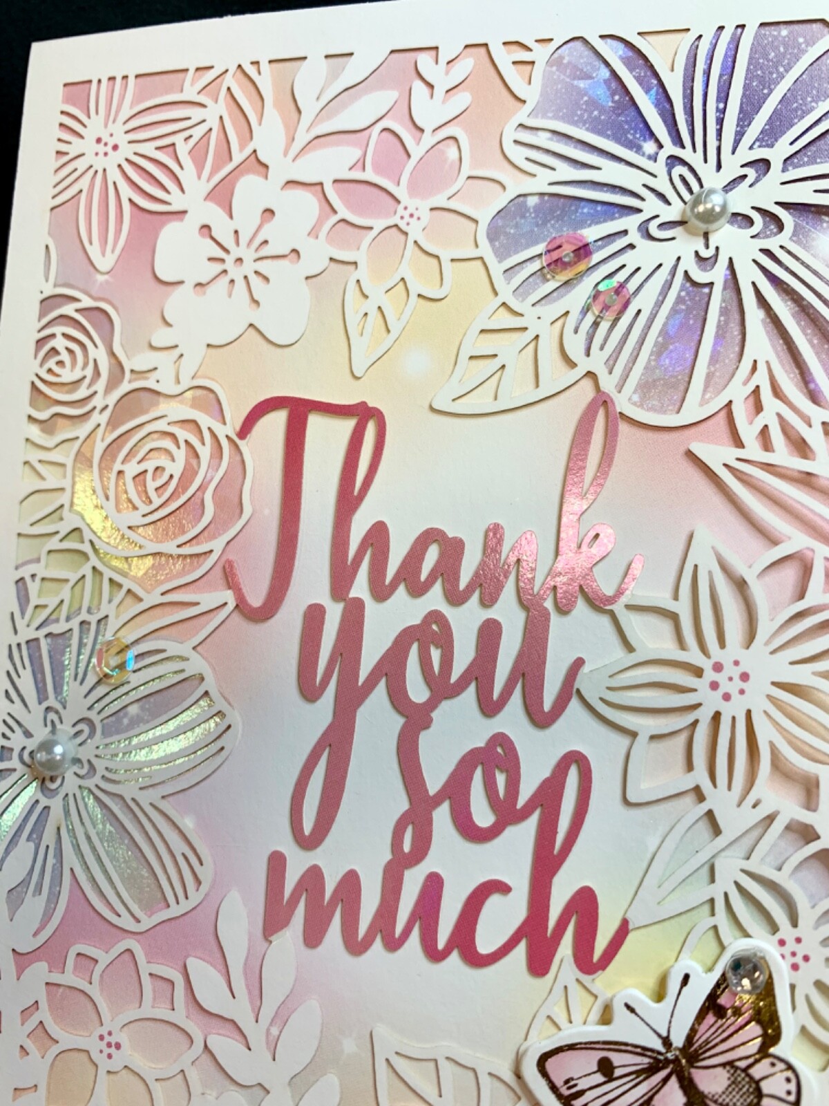 FREE SHIPPING @ $20! Thank You Card Pink Laser Cut Floral Butterfly Sequin Pearl