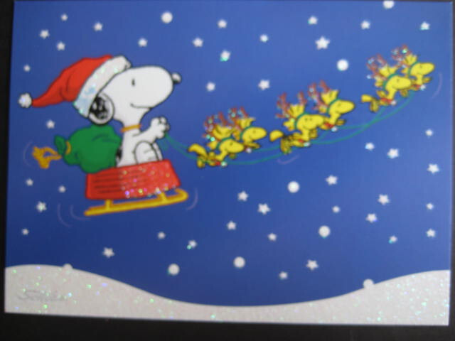 UNUSED greeting card Peanuts CHRISTMAS Santa Snoopy on Sleigh w/ Bird “Reindeer”