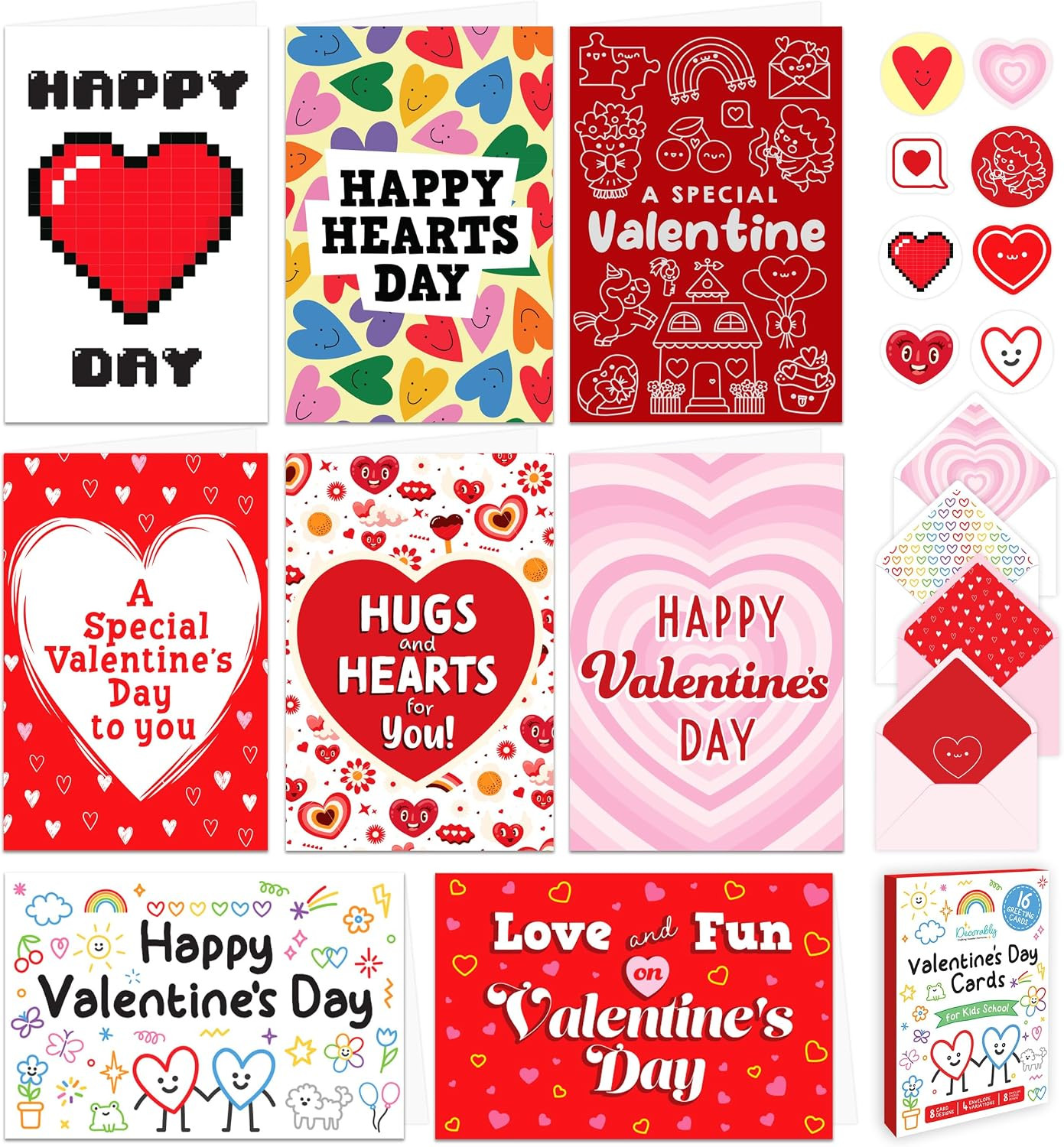 16 Pack 5x7in Children’s Valentine Cards with Envelopes and Stickers, 8 Adorable