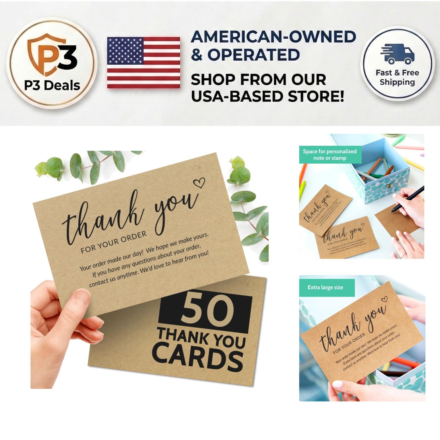 Elegant 50 Count Bulk Thank You Cards – 4×6 Kraft Cards for Professional Appeal
