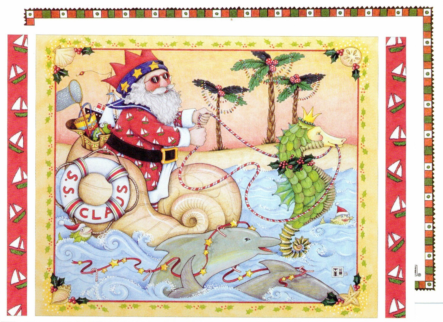 Mary Engelbreit-S.S. CLAUS Seahorse Beach Dolphin-Christmas Greeting Card-NEW!