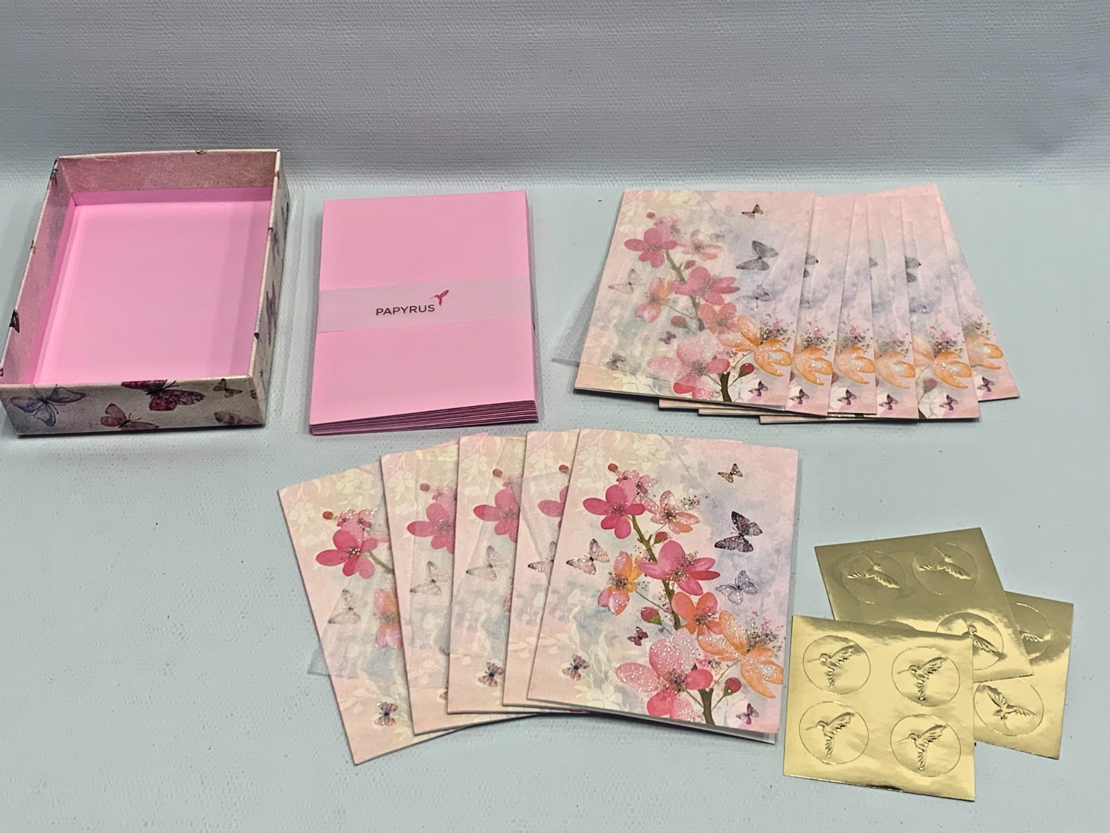 Papyrus Pink Butterfly Floral 4×6 Blank Note Card Glitter Gold Seal Spring 11Pc