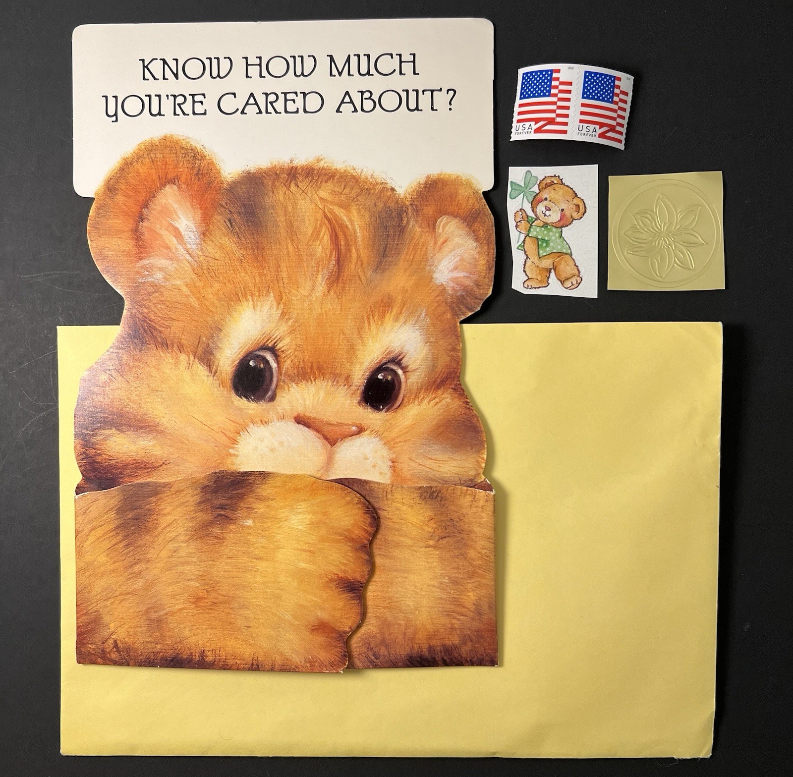 Vintage GET WELL Card – CUTE Teddy Bear with Opening Arms/Paws w/Env/Seal/Stamp