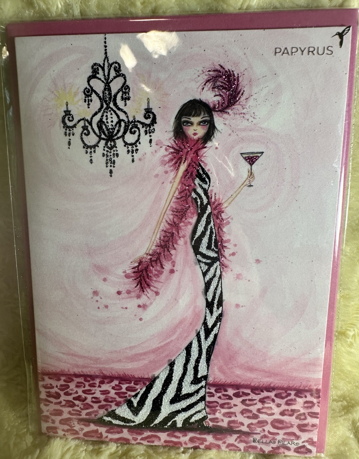 Papyrus Birthday Card RARE Bella Pilar 2015 Black White Animal Print Boa Martini