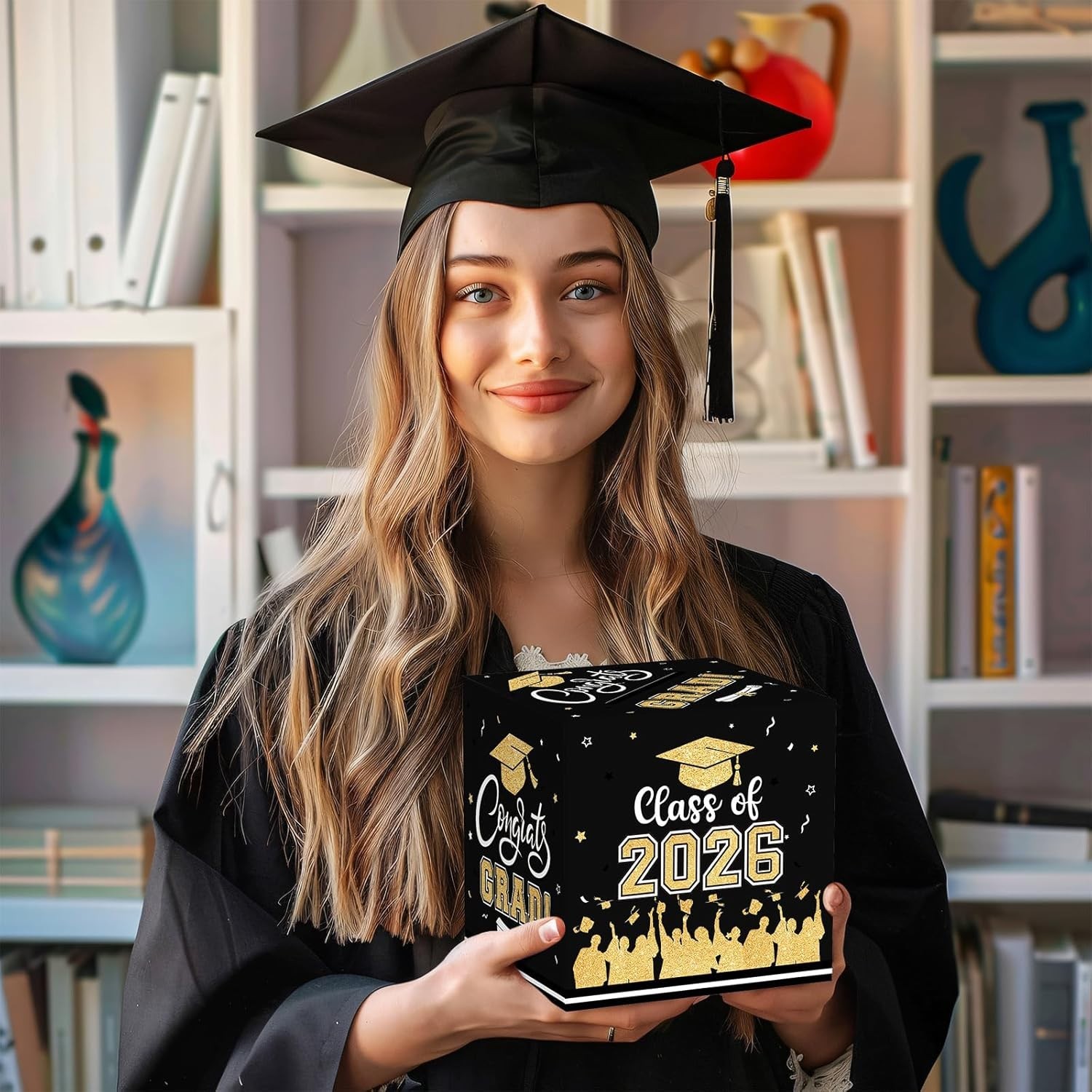 Black & Gold Graduation Card Box 2026, 9x9x9 inches, Class of 2026 Gift Organ…