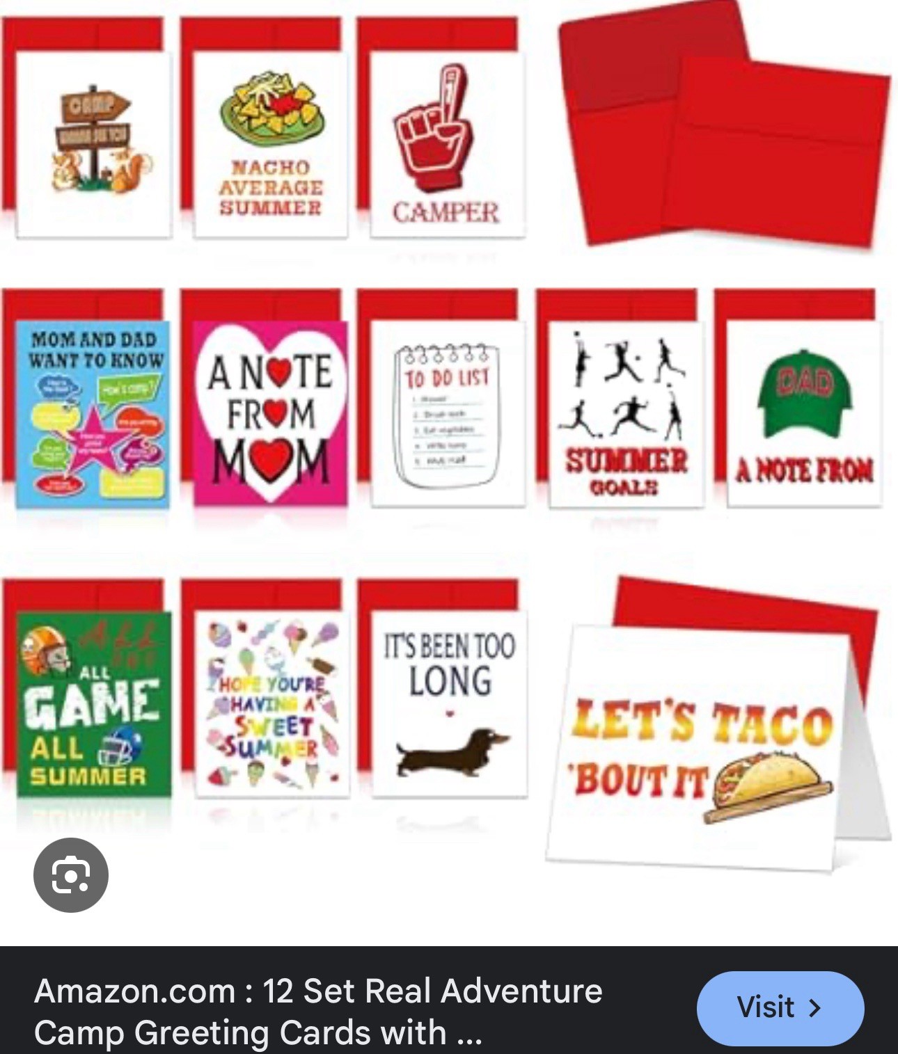 Weekgrat 12-Pack Summer Camp Greeting Cards w/ Red Envelopes