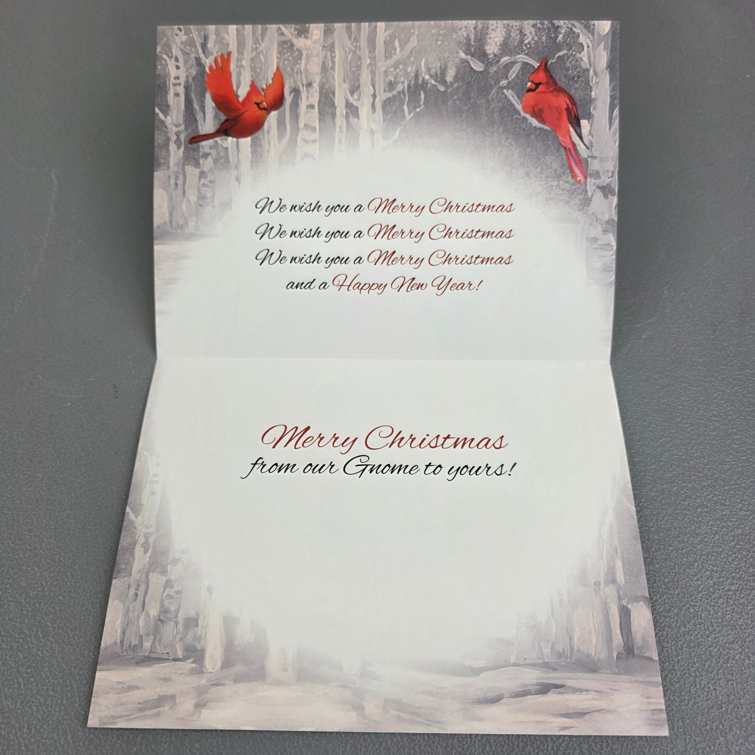 Christmas Greeting Card Gnomes Cardinals Holiday Winter Scene with Envelope