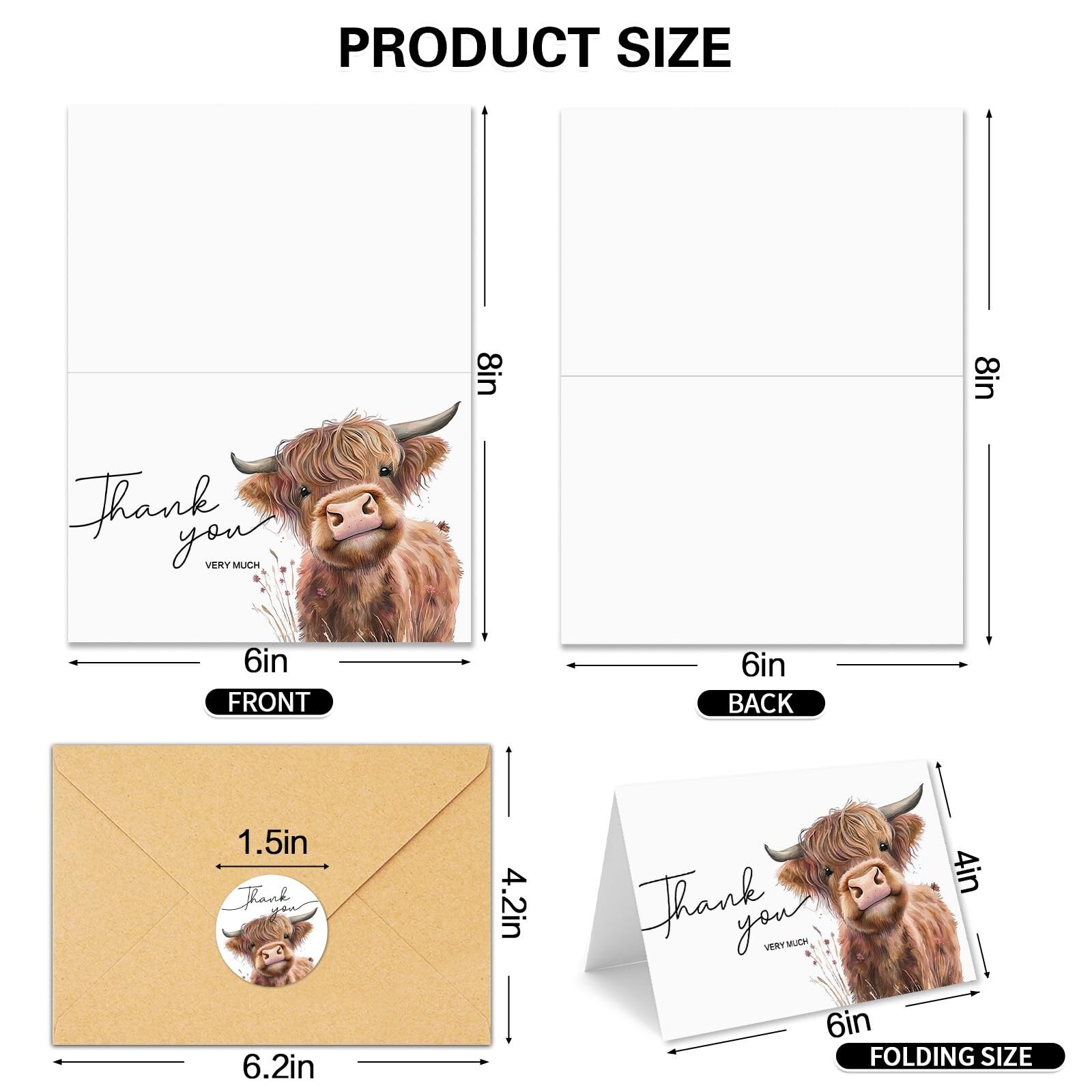 25Pcs Highland Cow Thank You Cards with Envelopes, 4×6 In Farm Cute Watercolo…