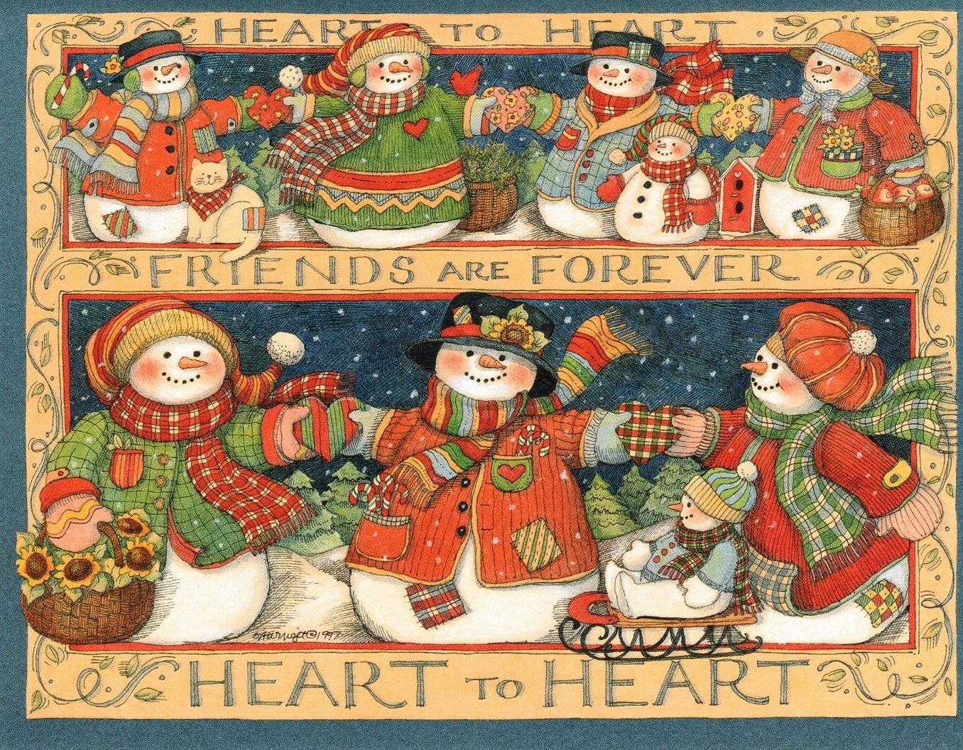 Merry Christmas Snowman Friend Friends Susan Winget Lang Greeting Cards Set of 5