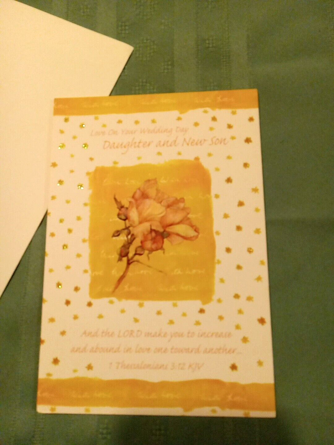 Wedding Day Card Daughter and new Son 8X5 1/2 Yellow w Pink Rose Sparkle