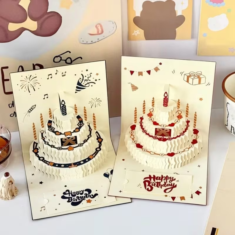 Blue 3D Pop Up Birthday Cake Cards Foldable Greeting Card for Kids Adults