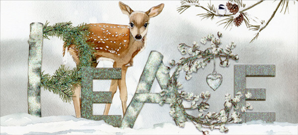 Peace Deer Lynnea Washburn Long Glitter LPG Greetings Christmas Card