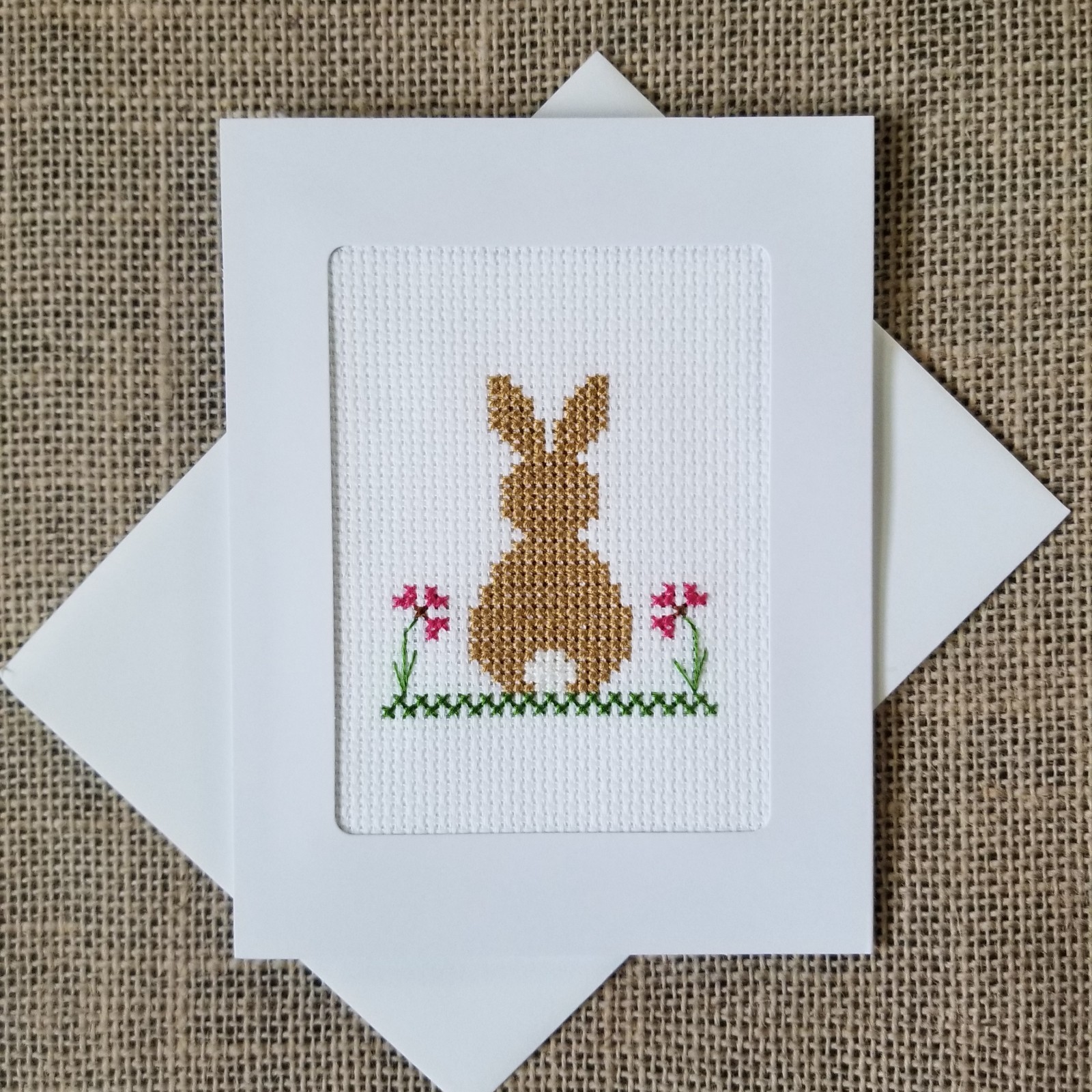 Finished Completed Cross Stitch Wildflower Bunny Blank Frame Card