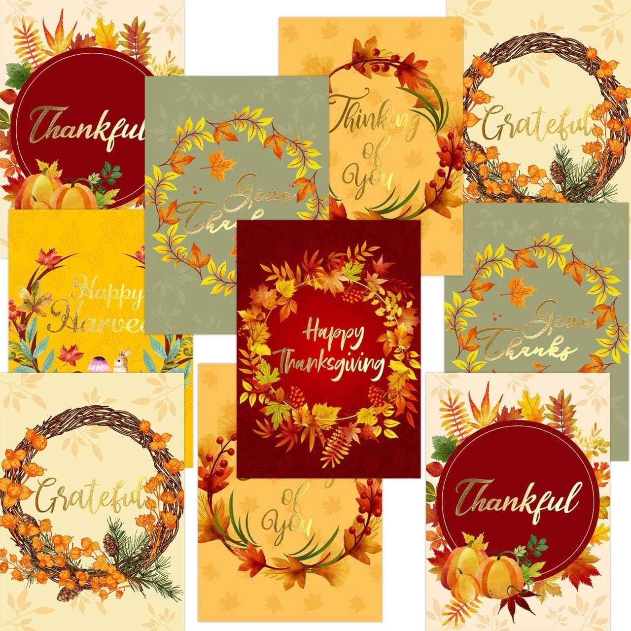 Elegant Thanksgiving Cards with Envelopes – Gold Foil Fall Wreath, 12 Pack