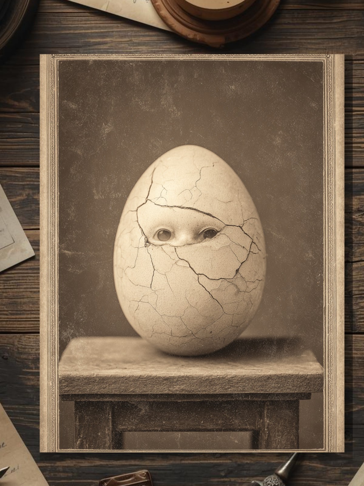 Vintage Victorian Macabre Cracked Egg Portrait Card Gothic Antique Style Art