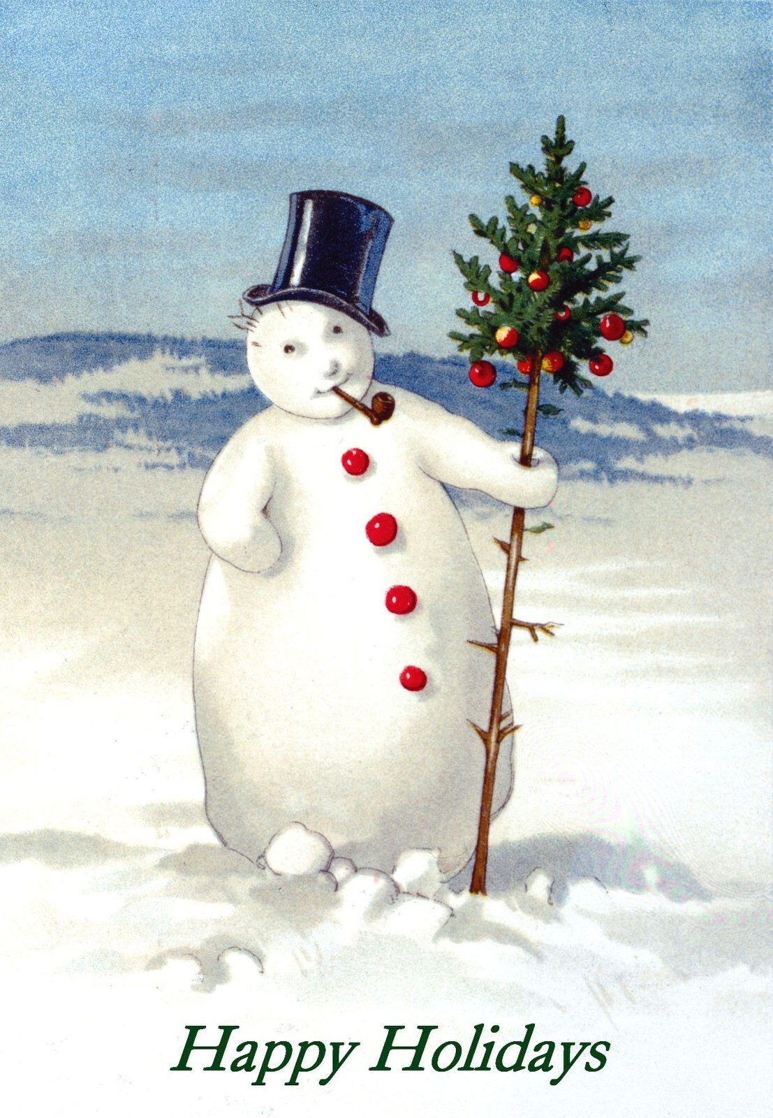 Cuddly Snowman holding Christmas tree. Happy Holidays vintage art portrait card