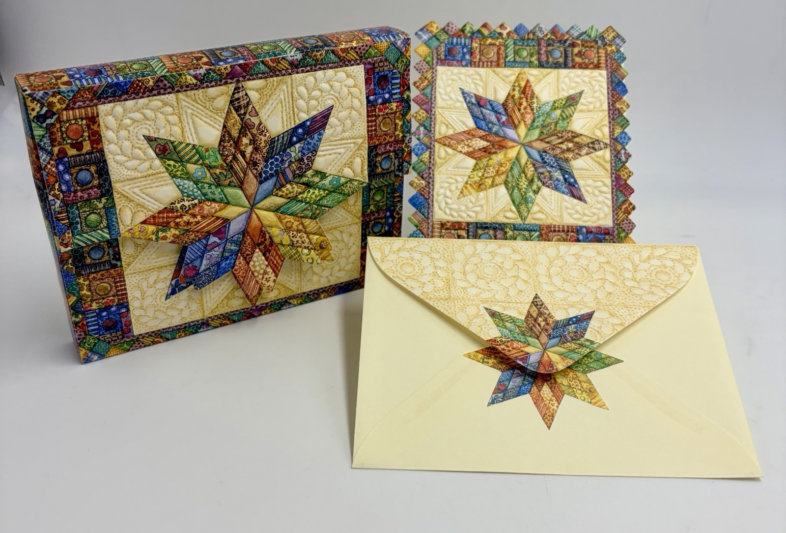 Carol Wilson Fine Arts Quilt Star Embossed Border 10 Blank Cards NEW Folk Art
