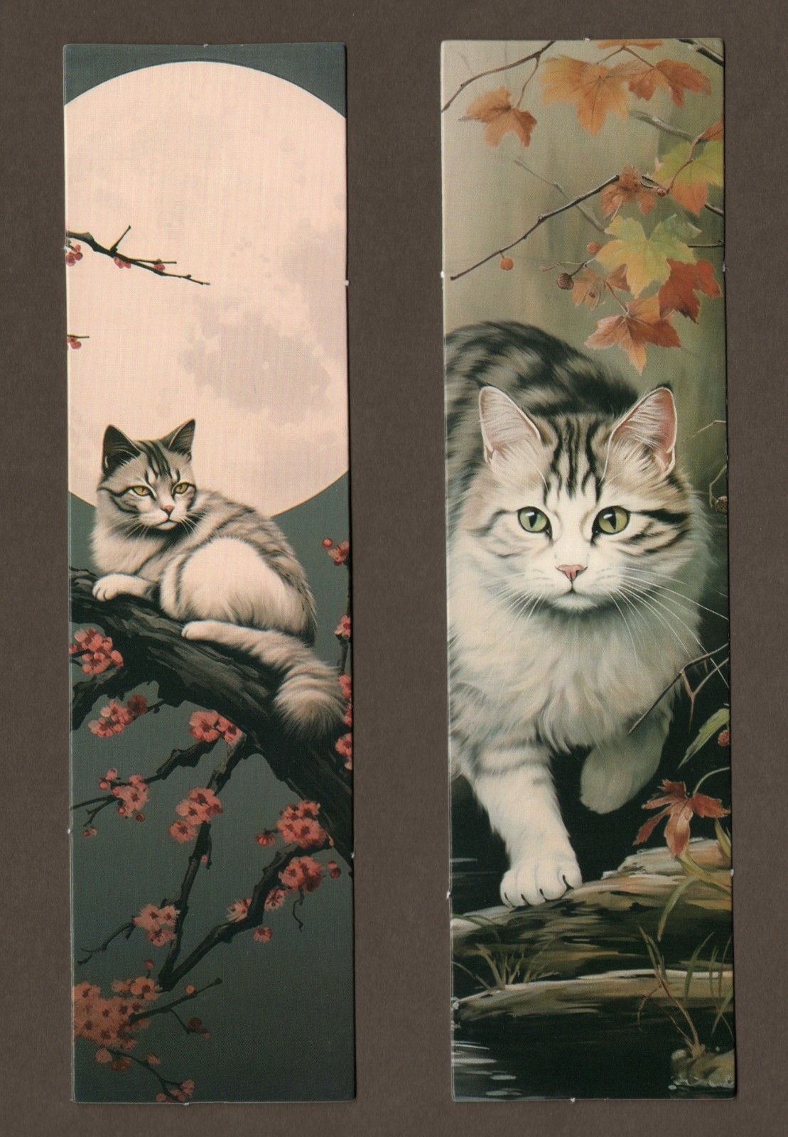 Set of 2 Kitty Bookmarks, Gray & White Fluffy Cats w/ Stripes, New, Autumn Moon
