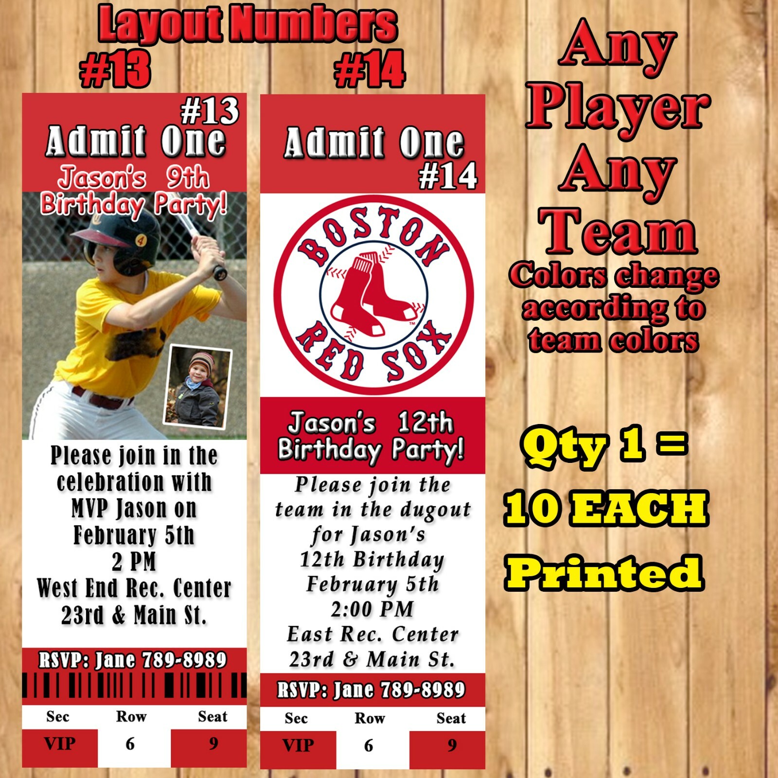 Baseball MLB Invitations 10 ea with Env Personalized Any Team Any Player Sale