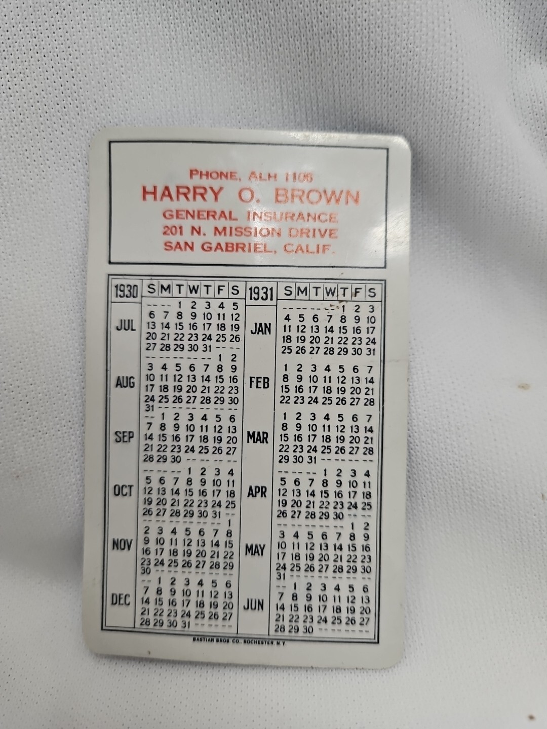Vintage July 1930 To Jun. 1931 Calander Advertising Card Harry O Brown Insurance