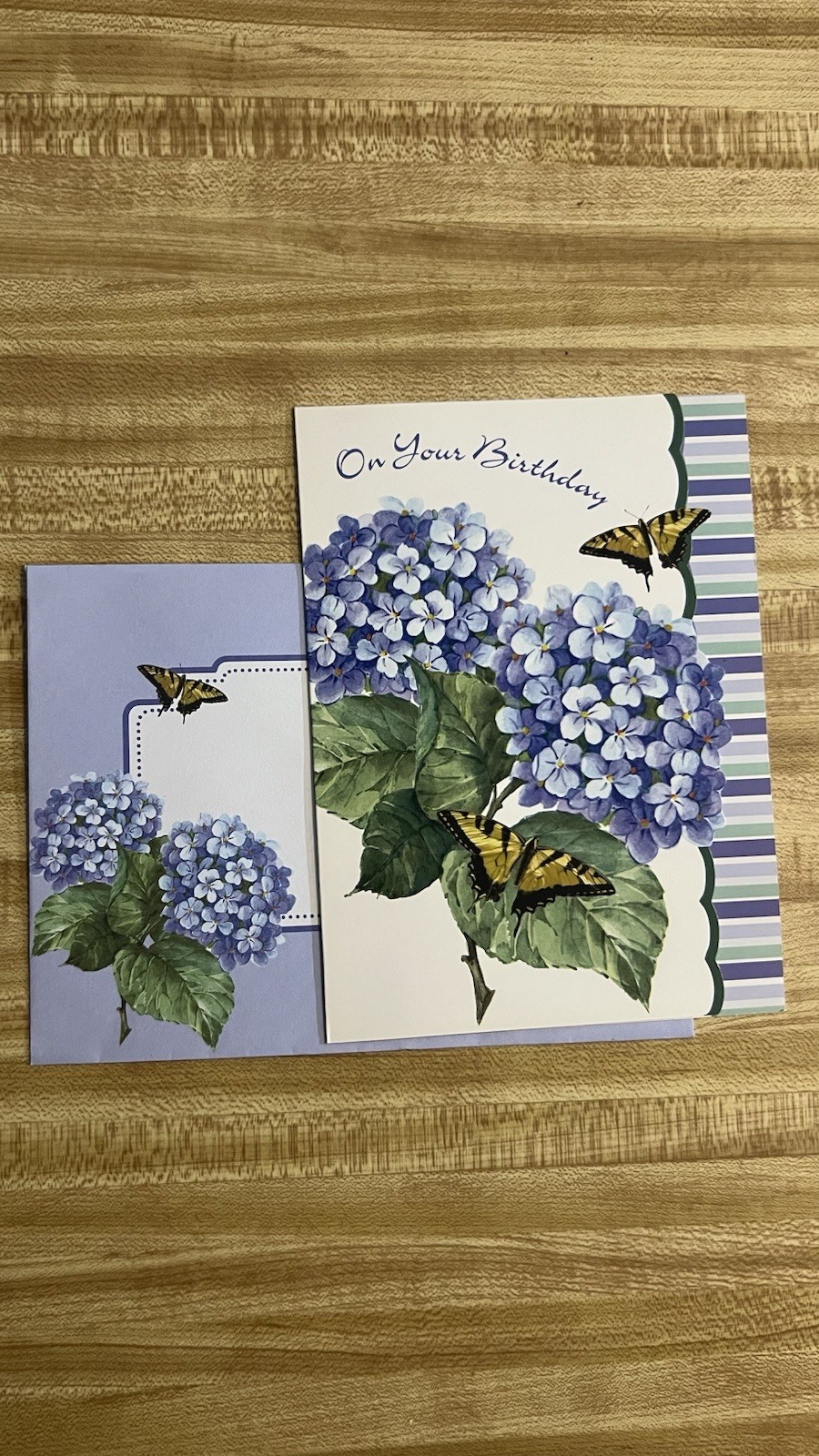 blue hydrangeas and yellow swallowtail butterflies Birthday Greeting Card NOS
