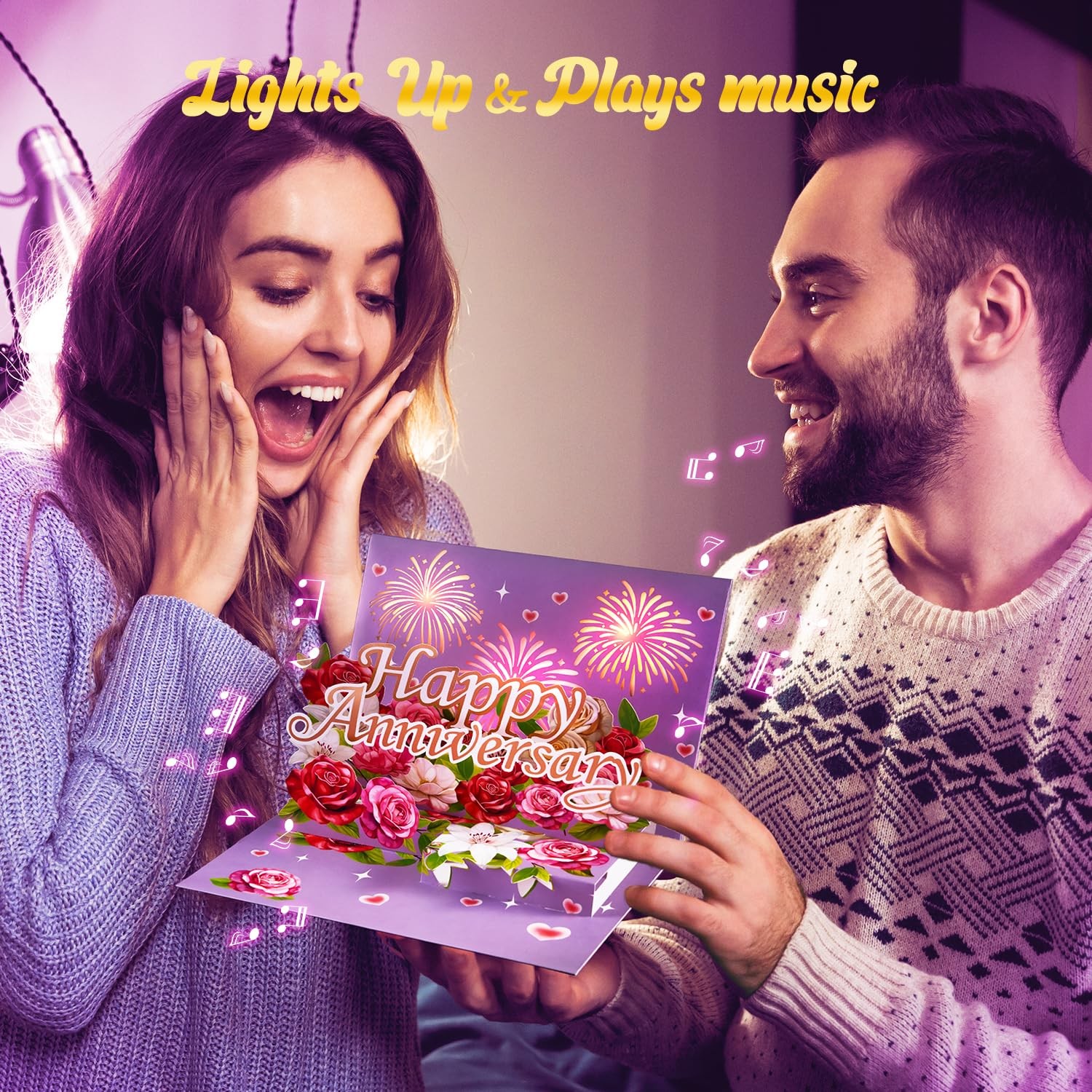 Happy Anniversary Card With Lights Music, 3D Pop Up Flowers, Multicolor