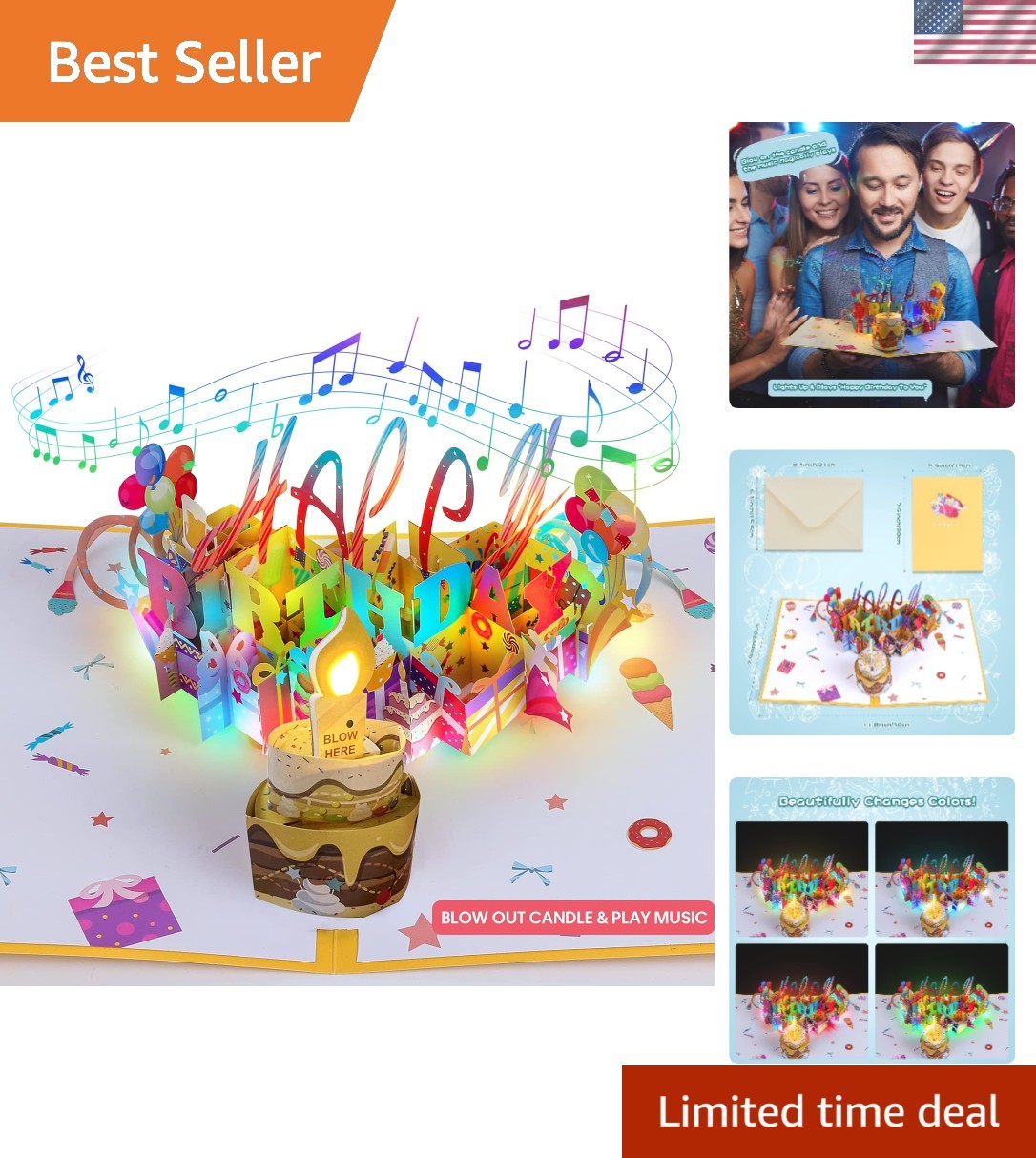 Multicolor 3D Pop-Up Birthday Card with Blowable Candle & Happy Birthday Song