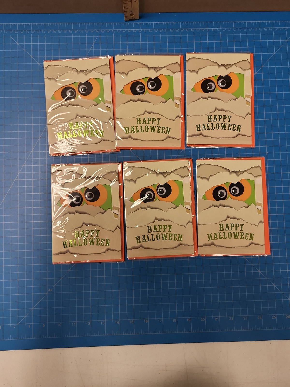 Voila Happy Halloween Greeting Cards Set of 6 Mummy Peeking Googly Eyes Orange