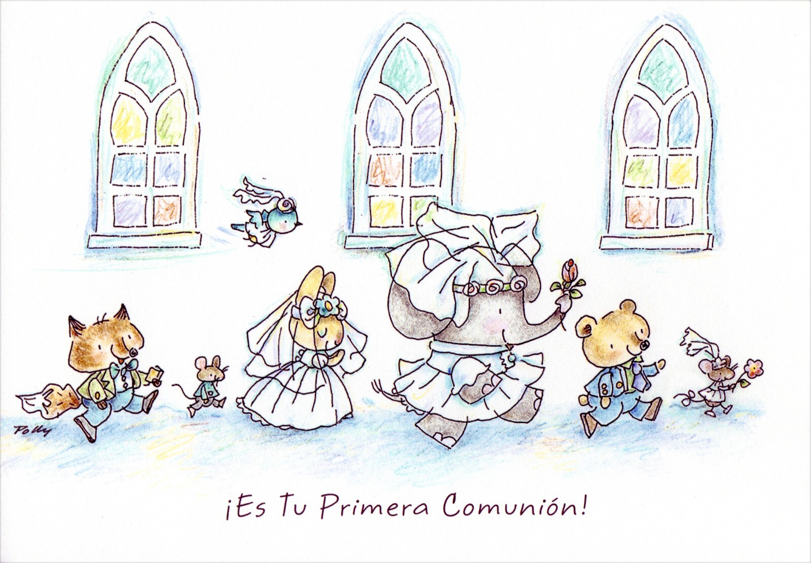 Spanish FIRST COMMUNION Card, Cute Church Animals by Sinceramente Hallmark +✉