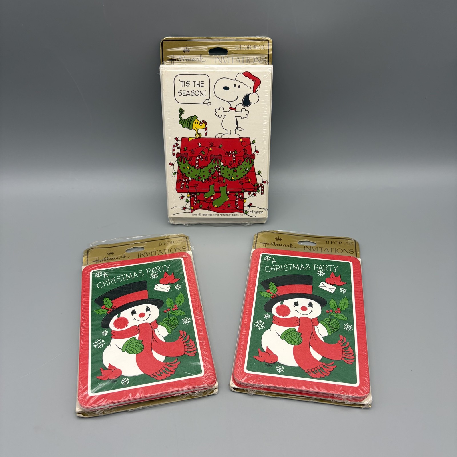 VTG Hallmark Red Christmas Party Invitations Snoopy Peanuts Snowman Lot Of 3 USA