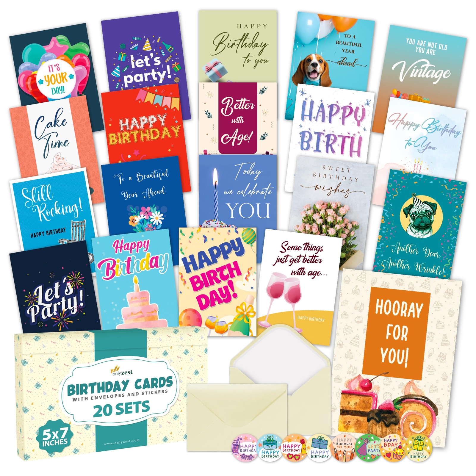 20 Pack Birthday Cards Bulk Boxed Assortment – 5 X 7 Inch Generic Card Set with