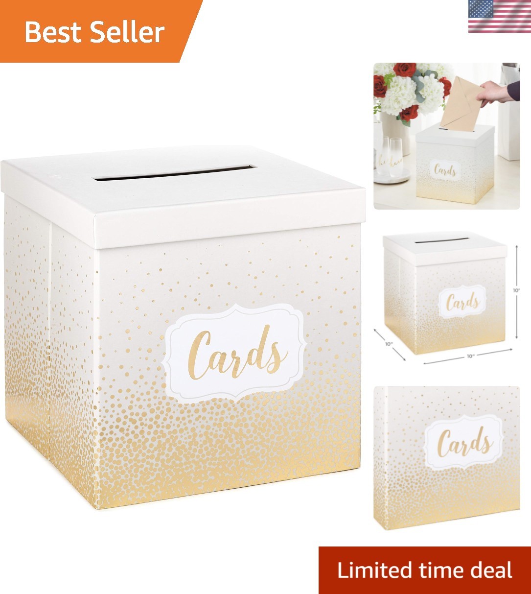 10″ Elegant Card Receiving Box Pearl and Gold Dots for Weddings, Graduations,…